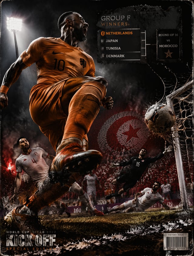 Heavy-metal-mag chiaroscuro football key art, heroic ground-level angle, one colossal orange forward