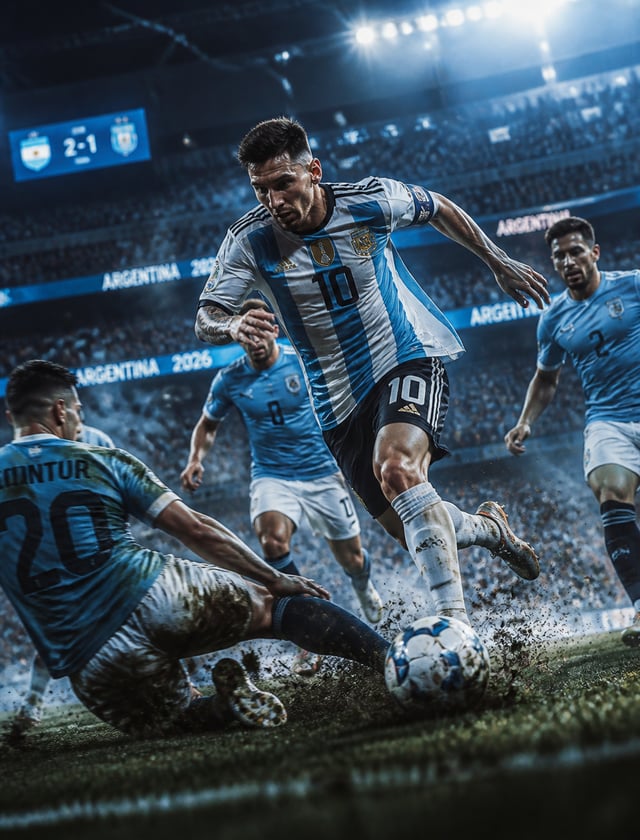 Ultra‑cinematic action football scene, Argentina 2026, elite striker performing explosive dribble th