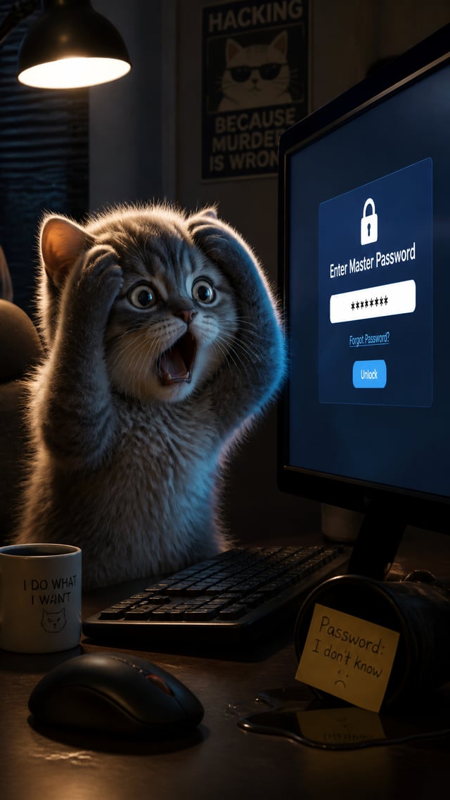 Kitten frozen in horror staring at screen asking for master password, comedic ending, cinematic ligh