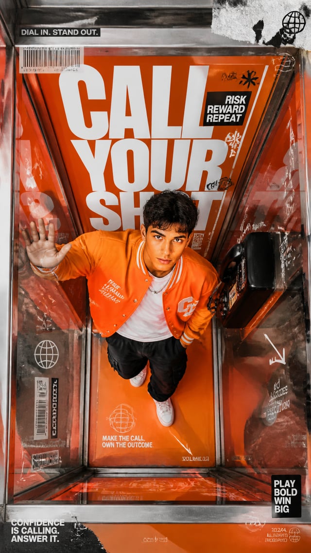 A premium 9:16 streetwear editorial advertising poster.Main Subject:A confident young male model sta