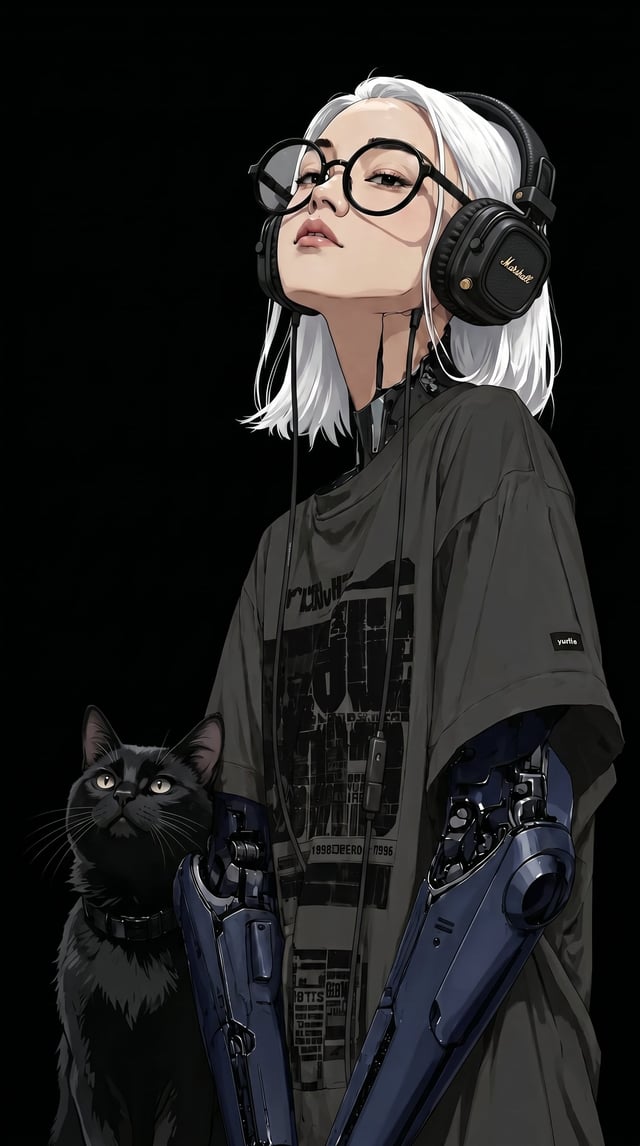 In this style, make the cat black, the color of the mechanical arms dark blue, the dark oversized T-