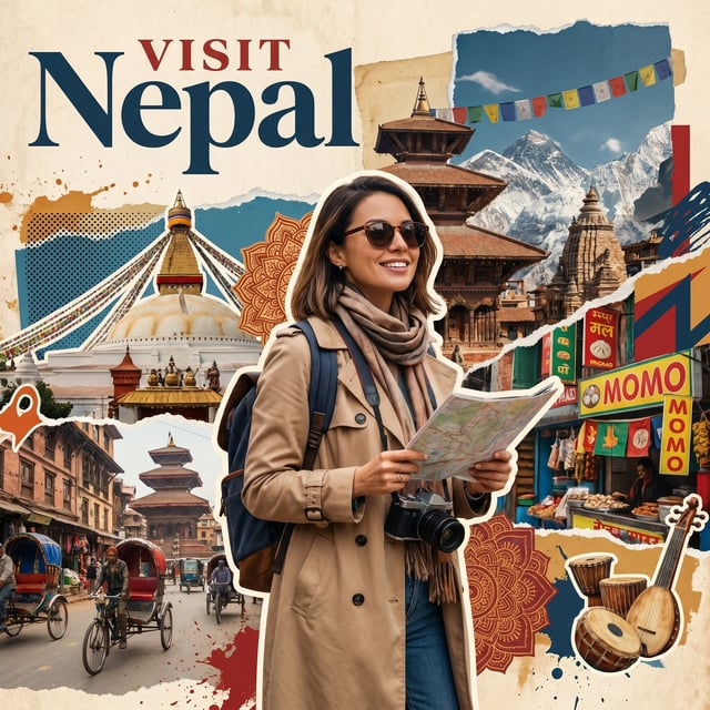 Create a stylized travel poster / graphic collage for Nepal. The main subject should be a stylish in