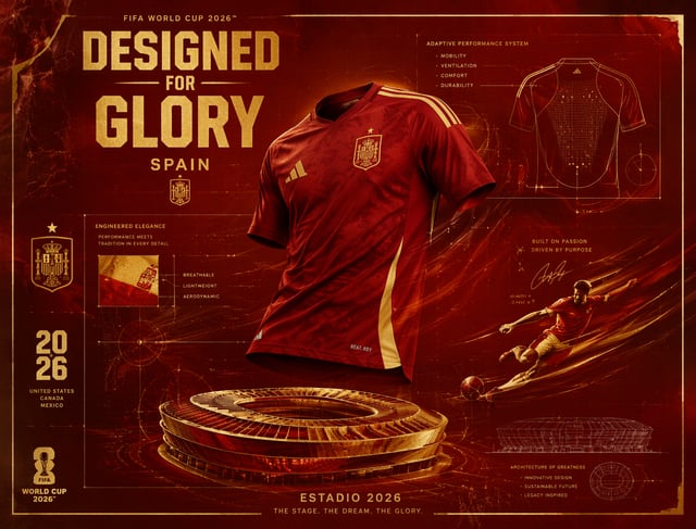 FIFA World Cup 2026 Spain blueprint poster, red-gold palette, technical illustration of football jer