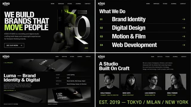 PROMPT:Create 4 coherent website mockup images in 16:9 horizontal format for a bold premium creative
