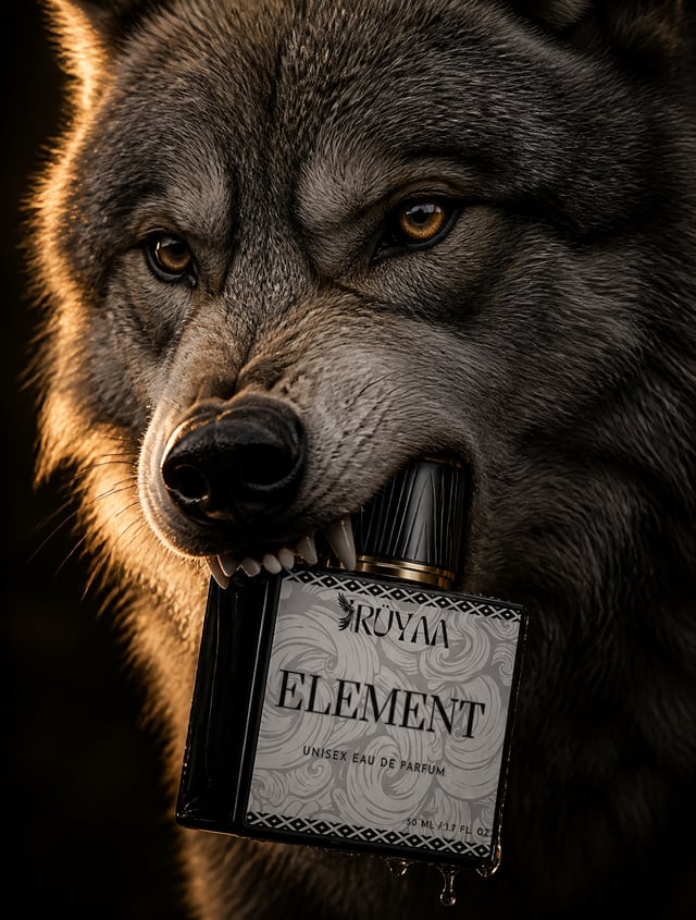 A grey wolf holds a bottle firmly in its jaws, its sharp teeth pressing against the smooth, dark gla