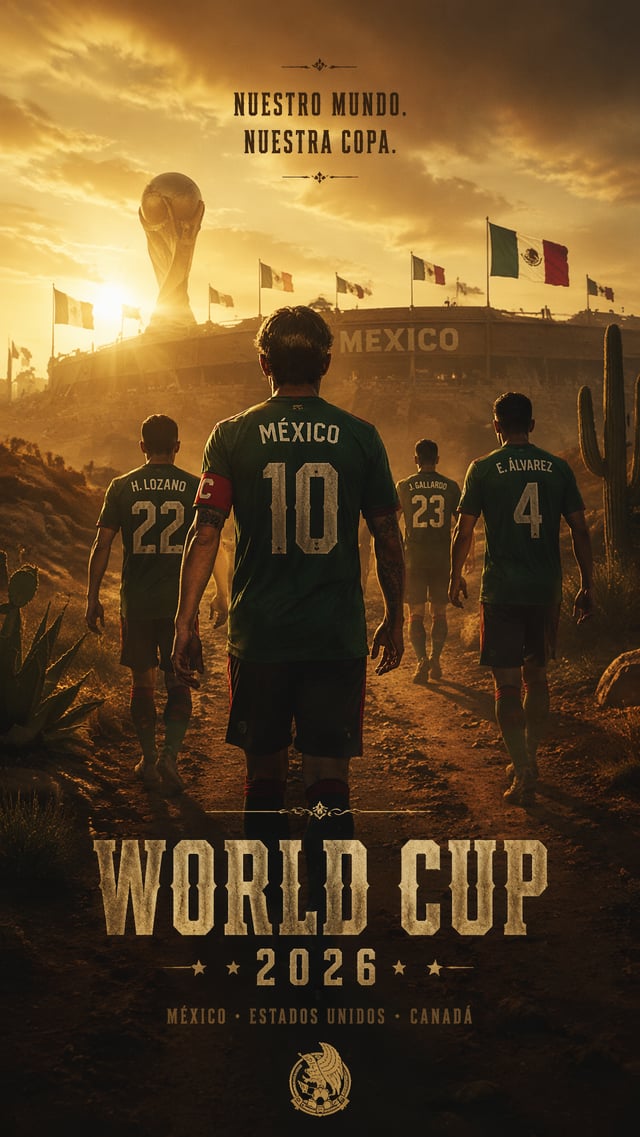 Red Dead Redemption 2 StyleVertical 9:16 poster of World Cup 2026, Mexico national team in dramatic 