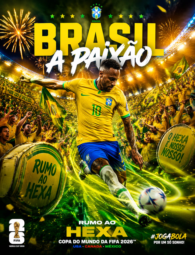 High‑impact fan poster, Brazil World Cup 2026, iconic forward performing powerful shot, vibrant yell