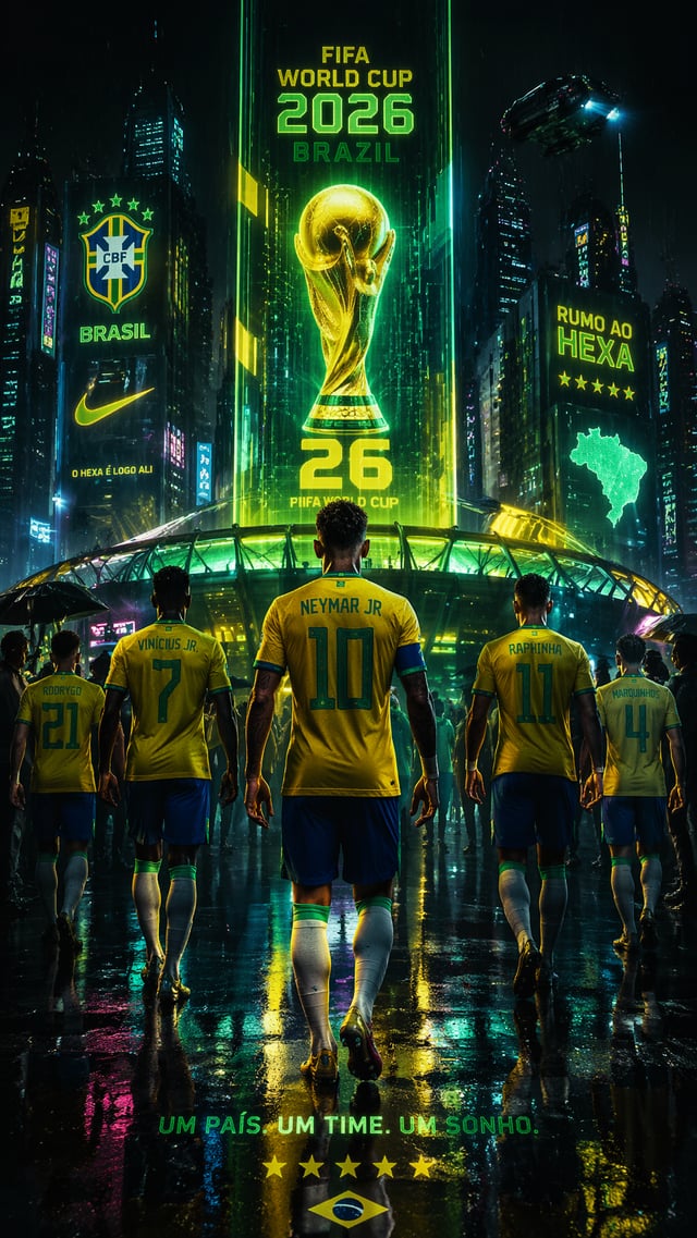 Cyberpunk 2077 StyleVertical 9:16 poster of FIFA World Cup 2026, Brazil national team in a neon futu