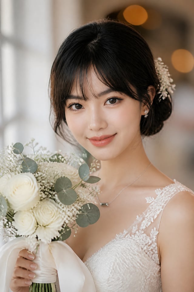 A breathtaking close-up portrait of a beautiful Asian bride,  Reference Image, showing a gentle, shy