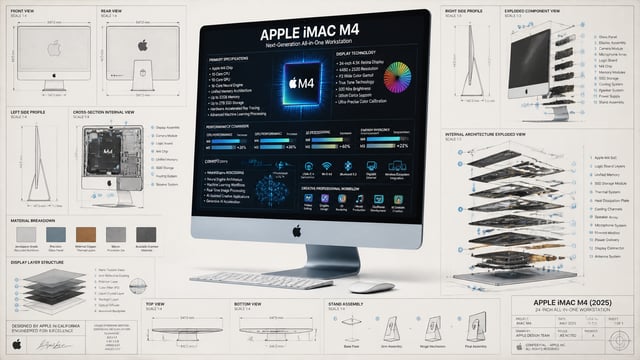 INFOGRAFÍA TÉCNICA ULTRADETALLADA + RENDER 3D FOTORREALISTA DE APPLE iMAC M4 (2025)Masterpiece indus