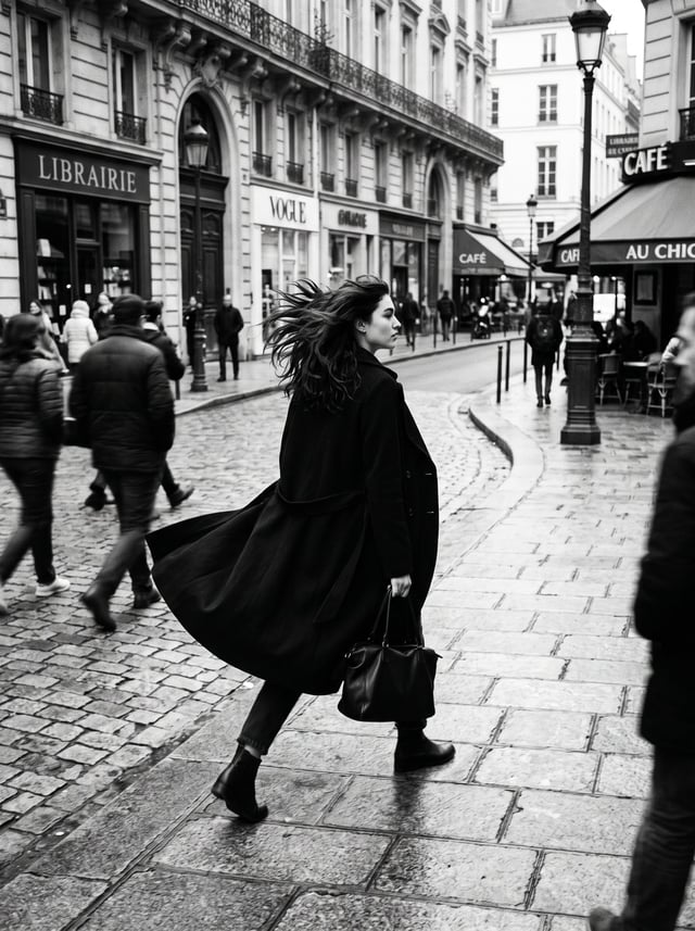 black and white photograph of a vogue fashion shoot. a 20-year-old woman with dark hair walking alon