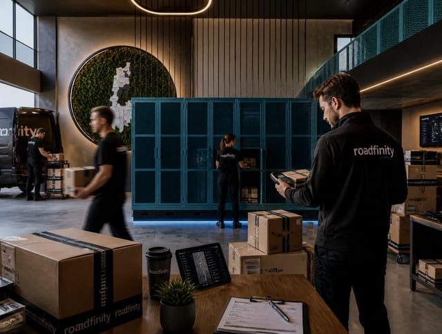 Professional architectural photography of a modern industrial delivery warehouse interior for "roadf