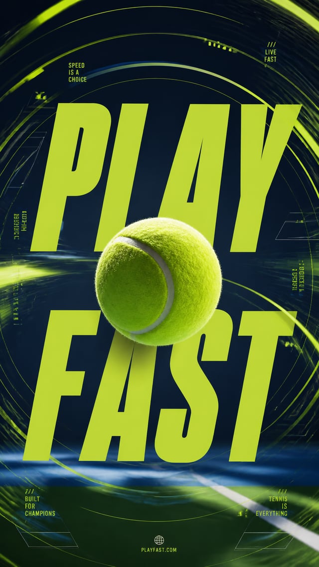 A premium commercial sports campaign poster.Central Subject:A single tennis ball suspended in the ex