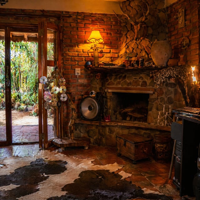 An eclectic rustic interior features a corner stone fireplace focal point, topped with a taxidermy d