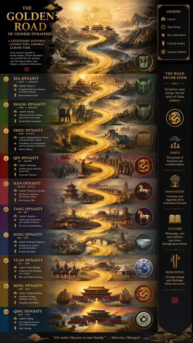 Infographic of the golden road of Chinese dynasties, legendary pathway connecting empires across tim