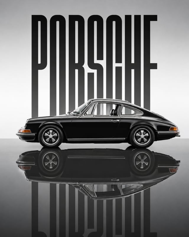 A pristine black 1969 porsche  sits stationary on a dark, mirror-like reflective surface, its glossy