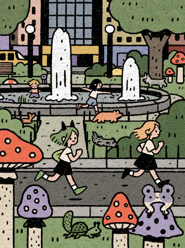 Two woman running on the street near the park. Lots of giant funky looking mushrooms red spotted aro