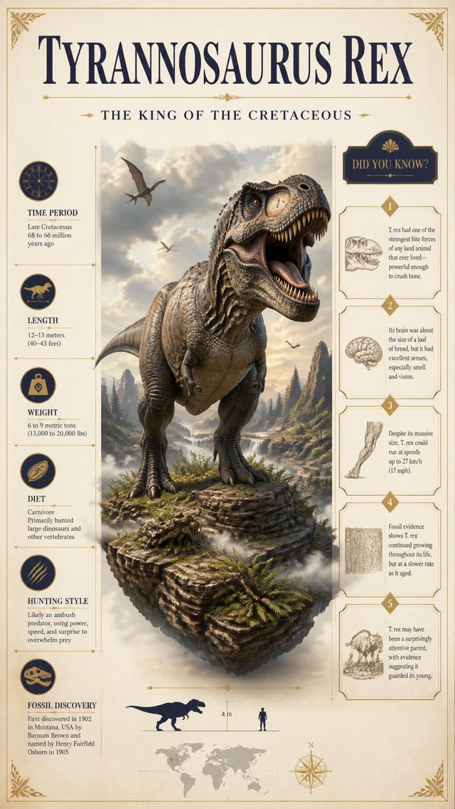 PROMPT:A premium editorial infographic poster in 16:9 horizontal format about the Tyrannosaurus rex,