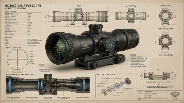 Prompt:Highly detailed technical blueprint sketch and realistic 3D–render fusion of a 6x tactical ri
