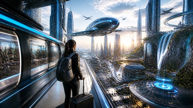 Prompt:Ultra-realistic futuristic travel scene, a stylish traveler journeying between two breathtaki