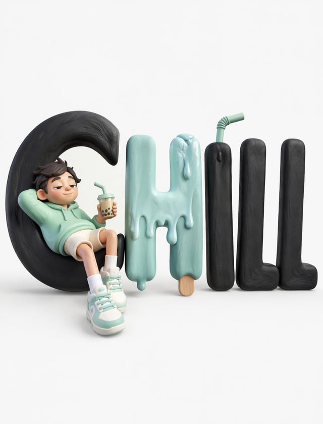 Minimalist 3D clay illustration of a cute stylized cartoon character creatively interacting with gia