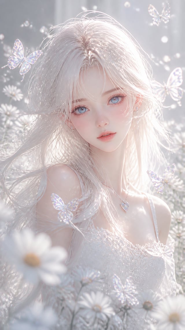 vertical mobile wallpaper, 8K ultra HD delicate realistic anime girl, flowing extra long silvery whi