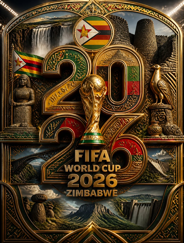 Ultra-detailed luxury 3D FIFA World Cup 2026 Zimbabwe poster. Massive layered "2026" typography domi