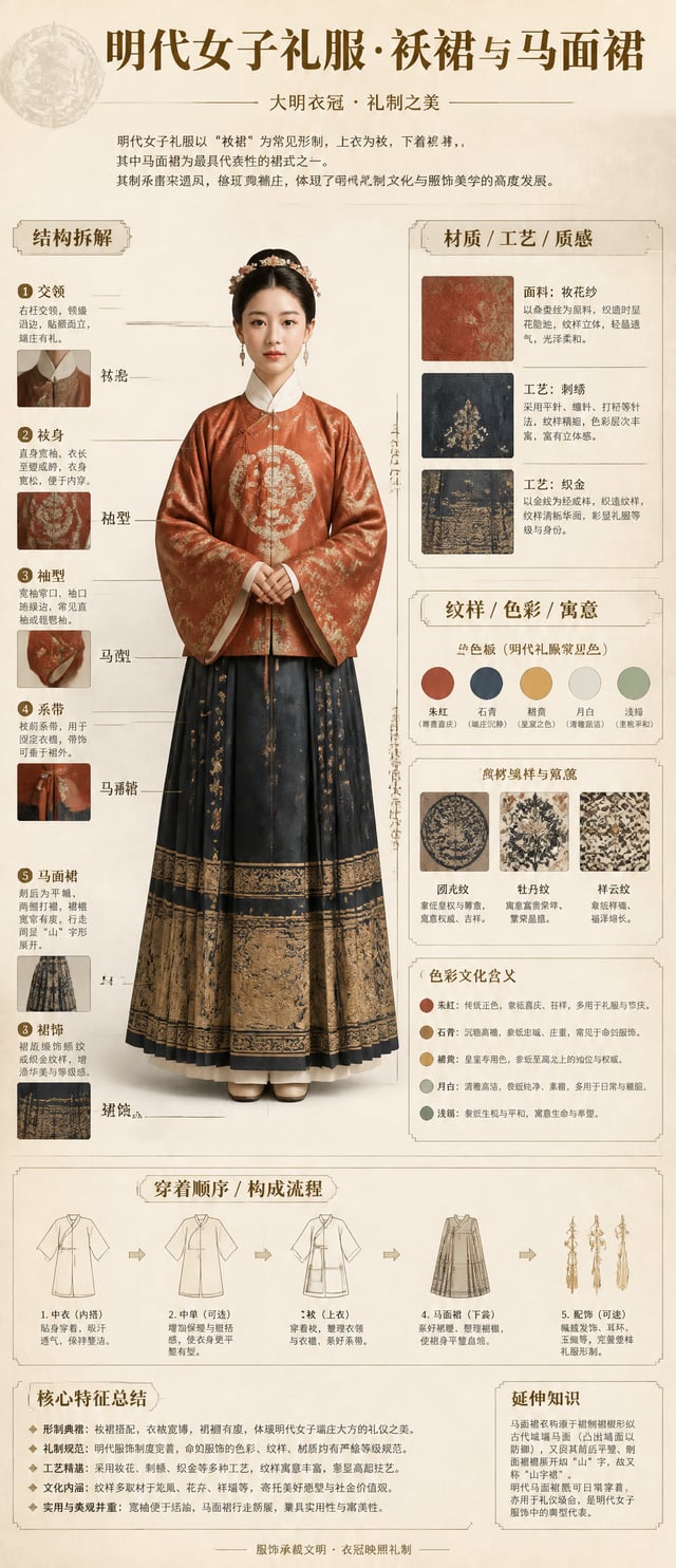请根据明代的袄裙 + 马面裙自动生成一张[博物馆图鉴式中文拆解信息图]。
