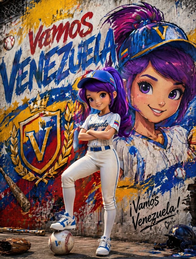 Cartel de beisbol callejero ultra detallado que presenta a una linda chica estilizada de dibujos ani