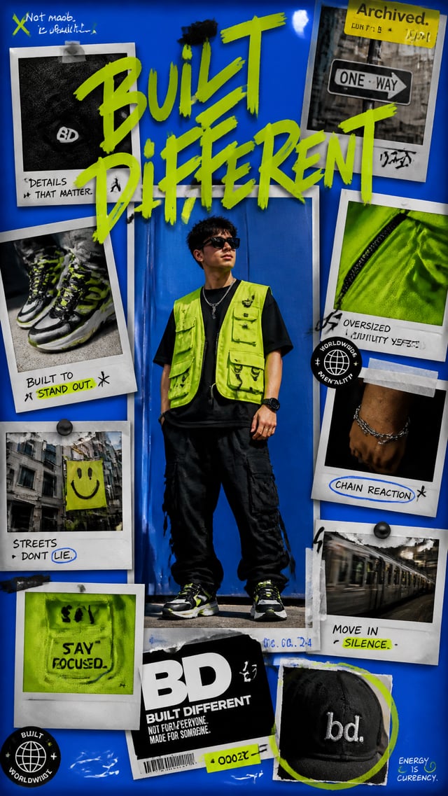 A premium 9:16 streetwear campaign poster.Main Subject: