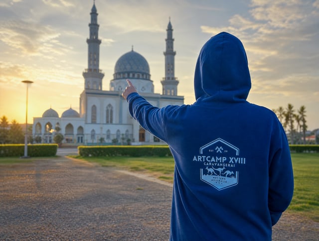 dari gambar prompt to saya nak dia pandang belakang sambil tunjuk masjid. dekat hoodies belakang tu 