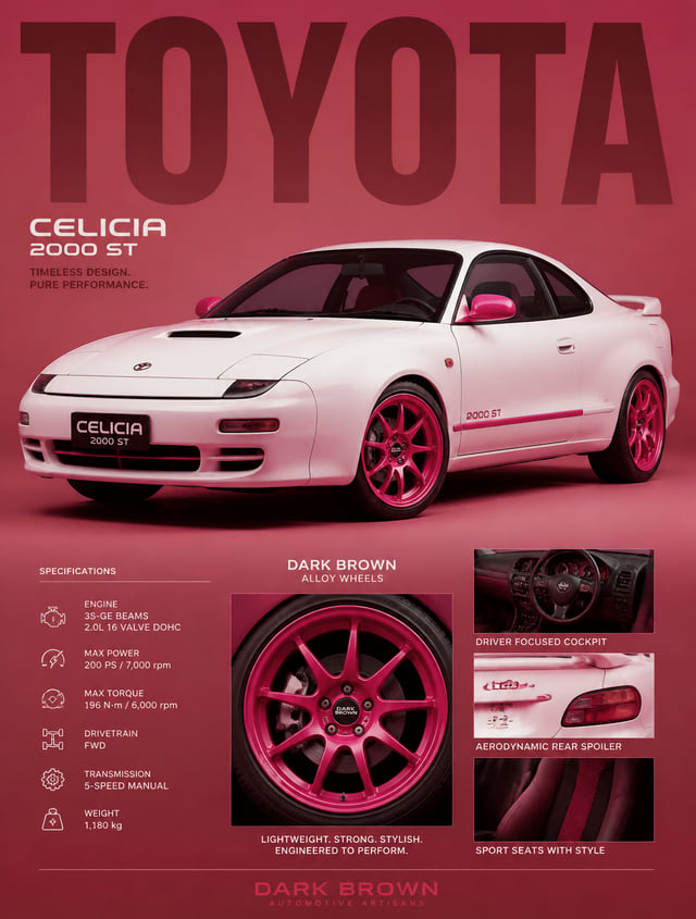A high-contrast studio editorial poster featuring a pristine white CELICIA 2000 ST with custom hot-p