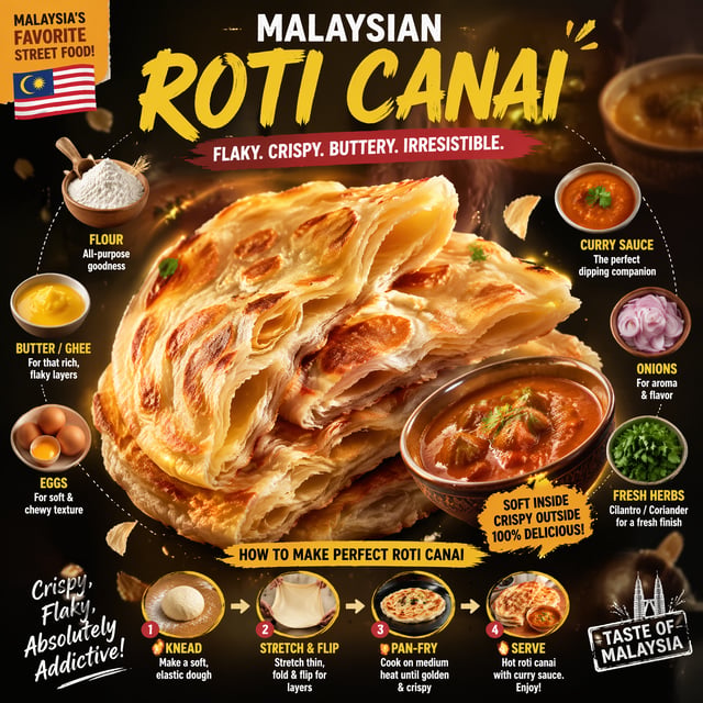 Ultra-viral recipe infographic.Showcase MALAYSIAN ROTI CANAI — golden, flaky, crispy layered flatbre
