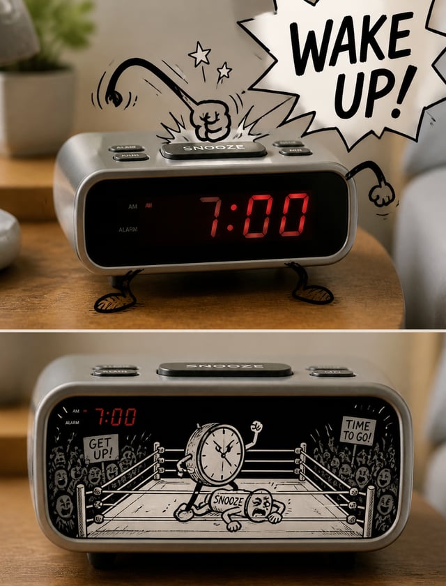 - Photo of an alarm clock, but doodled arms and legs punching the snooze button, with "WAKE UP!" in 
