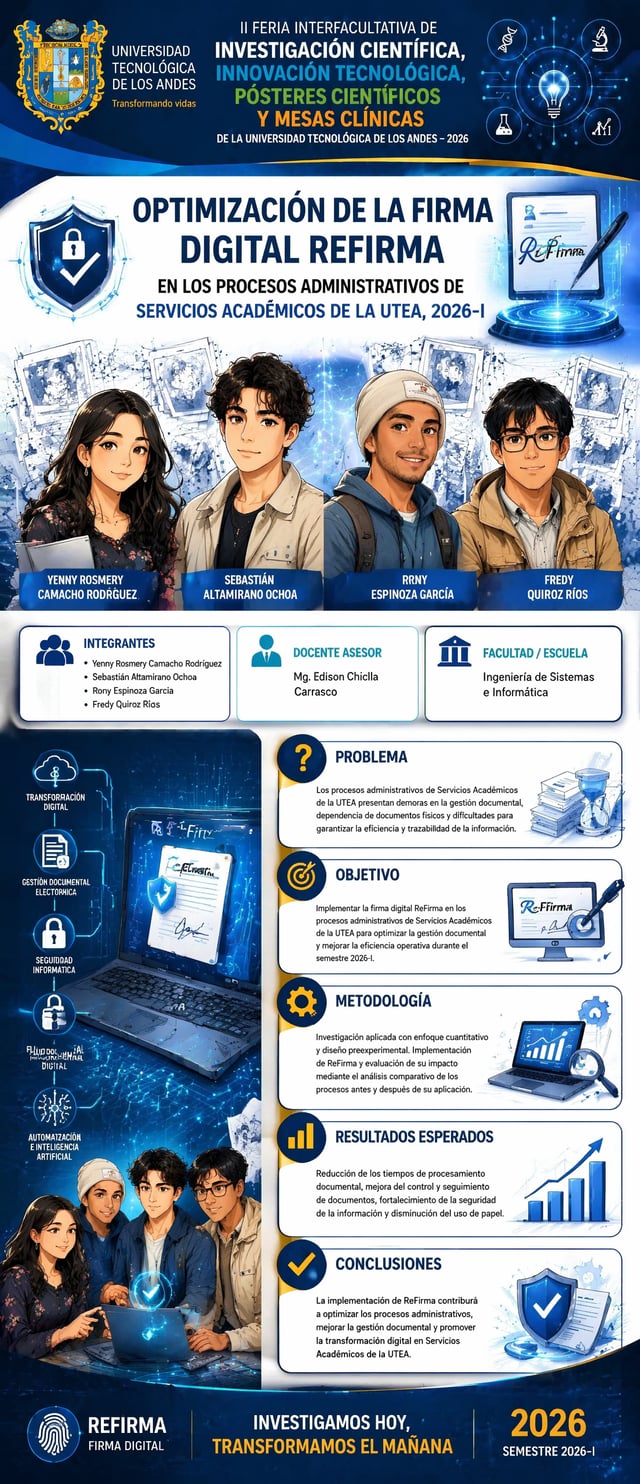 Diseña un póster académico profesional para una feria de tecnología e investigación universitaria. M