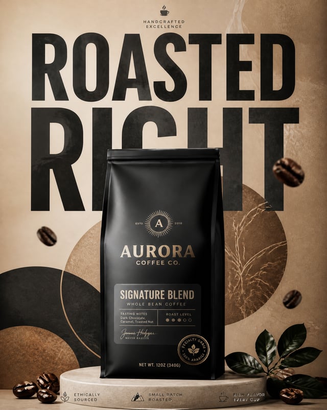 A premium commercial advertising poster for a luxury coffee brand.Central Subject:A matte-black coff