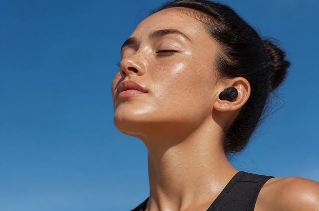 A serene close-up of a freckled woman with wireless earbuds, eyes closed, against a clear blue sky. 