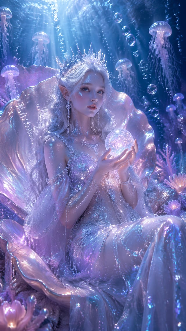 Vertical fantasy underwater CG portrait, ocean elf girl with long wavy silver hair, shell-shaped fai