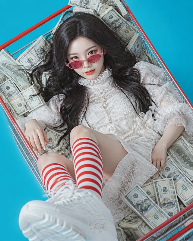 High-angle portrait of a young woman lying inside a red and silver metal shopping cart overflowing w