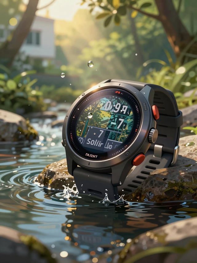 An artistic close-up illustration of a Garmin Tactix 7 Pro Solar watch resting on a damp rock surfac