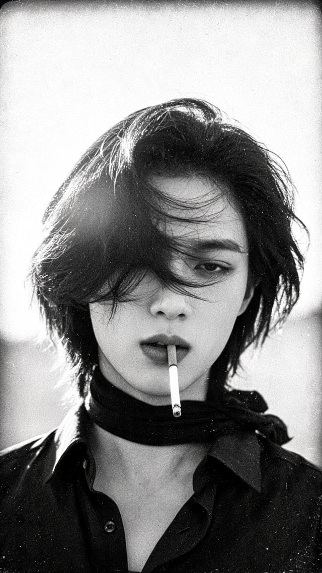 Create a 1970s black-and-white close-up portrait in a windswept outdoor setting, black and white noi
