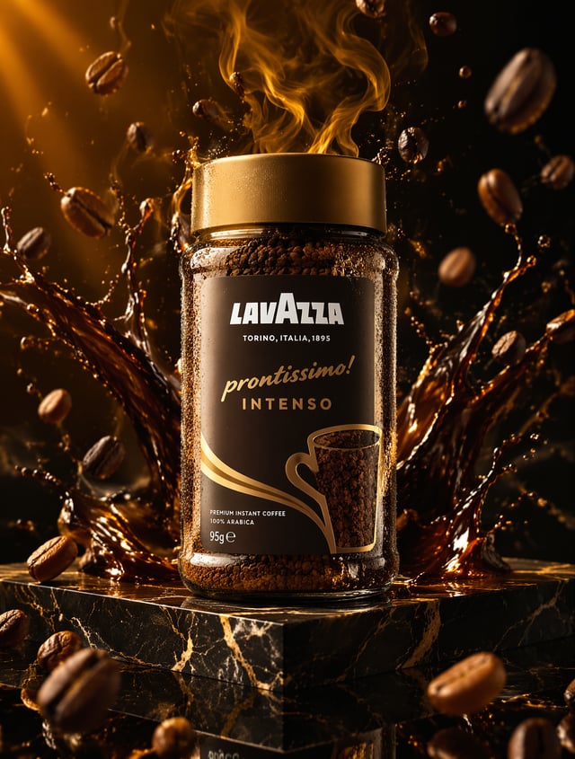 Ultra premium Lavazza coffee jar standing on a polished black marble platform, surrounded by swirlin
