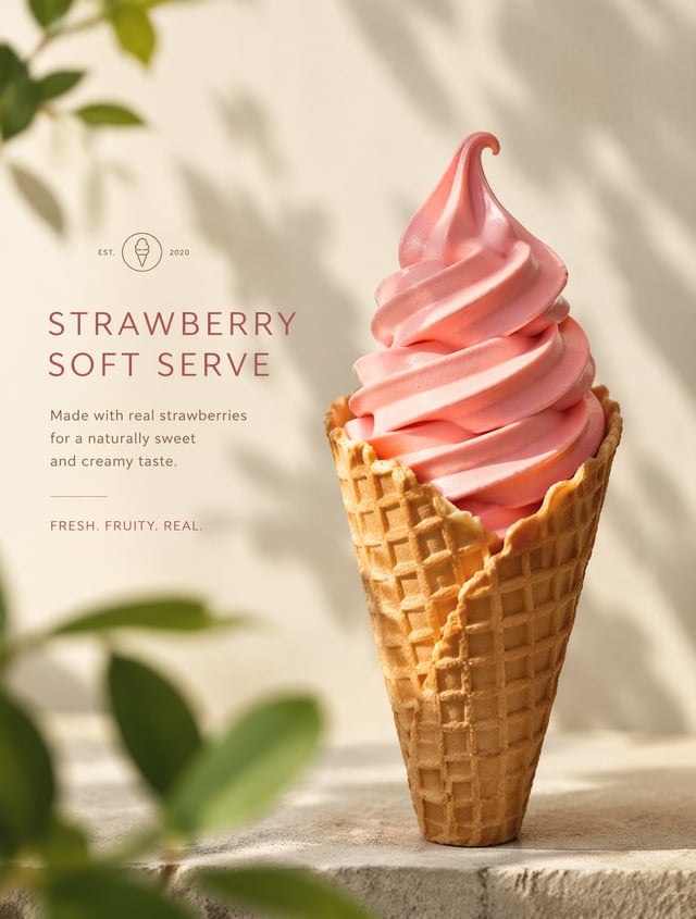 Ultra-realistic product photography of a rich strawberry soft-serve ice cream in a crispy waffle con