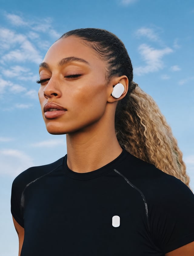 Confident woman with wireless earbuds in a blueish sky background, wearing a black athletic shirt, w