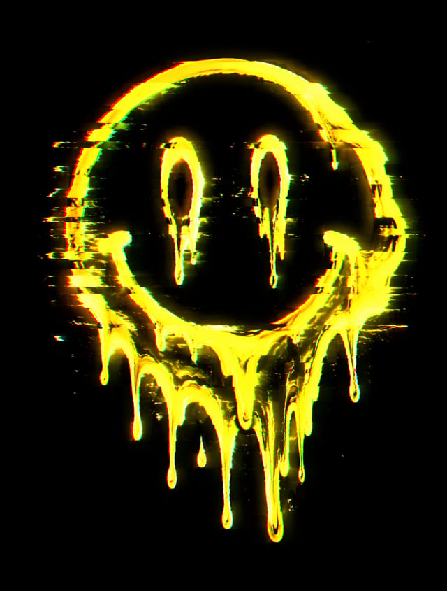 A classic yellow neon smiley face glowing in a pitch-black void. The smiley face is heavily melting,