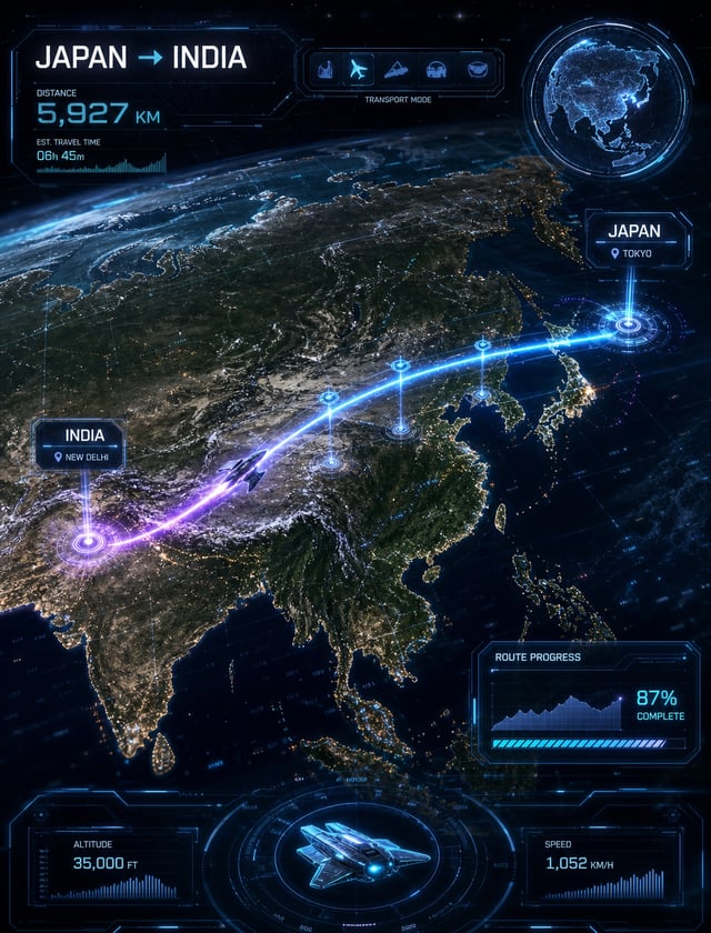Prompt:Create a futuristic sci-fi travel route visualization showing a journey from [JAPAN] to [INDI