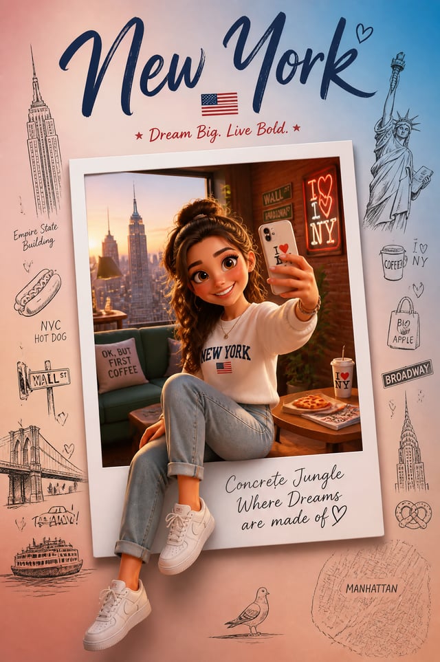 Create a premium collectible travel poster in a cute stylized 3D cartoon/Pixar-inspired aesthetic.Th