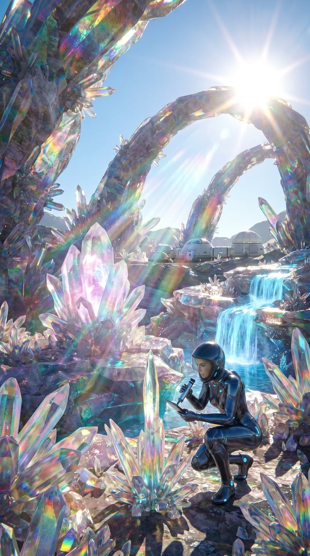{  "scene": {    "title": "The Crystal Jungle",    "description": "An ultra-detailed landscape photo