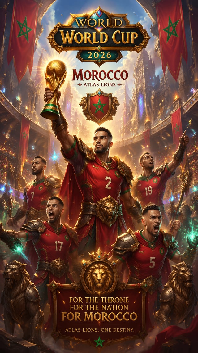 World of Warcraft StyleVertical 9:16 poster of World Cup 2026, Morocco national team as heroic fanta