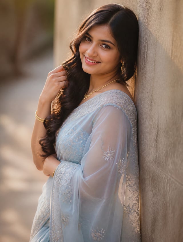 Ultra-realistic young Indian woman wearing a luxurious  powder blue organza saree with delicate crys